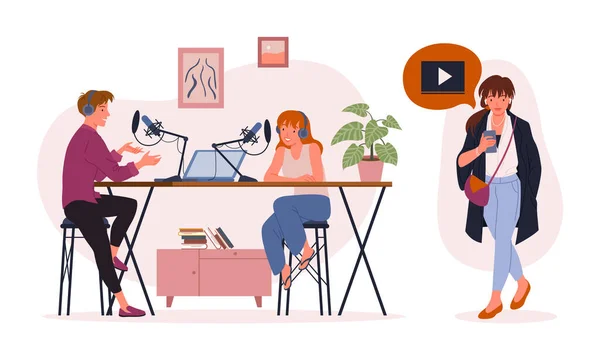 Blogger podcaster mensen streamen. Cartoon jonge man vrouw personages posten korte video naar vlog of webblog, opname op camera podcast video stream inhoud geïsoleerd op wit. — Stockvector