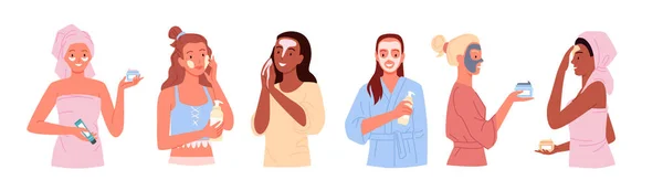 Dessin animé jeunes personnages heureux belle femme soins pour la peau du visage avec des taches, crème et masques hydratants isolés sur blanc. Ensemble de soins de beauté avec illustration vectorielle éco cosmétiques naturels. — Image vectorielle