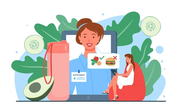 Nutricionista cita médica ilustración vector en línea. Dietista mujer de dibujos animados y personajes de pacientes que hablan sobre la dieta nutricional plan de lista de verificación con verduras, frutas a través del fondo de la aplicación del teléfono. — Archivo Imágenes Vectoriales