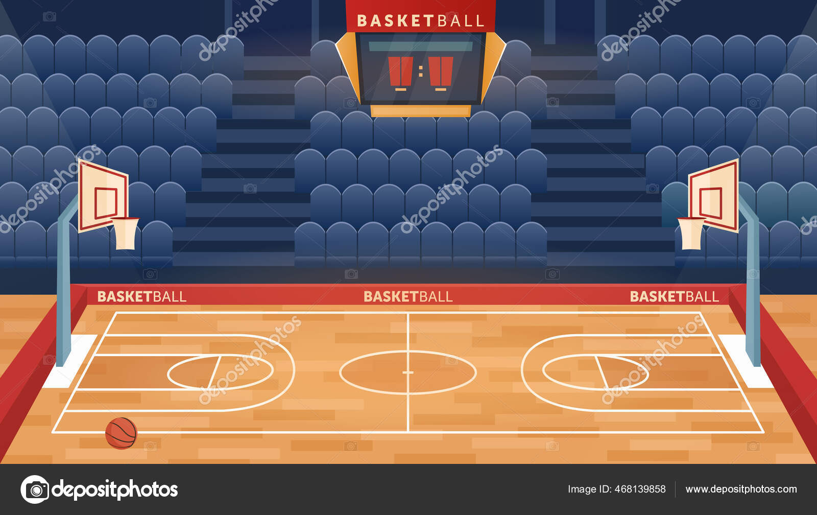 Campo de salão vazio dos desenhos animados para jogar basquete jogo de  equipe, aro para bolas