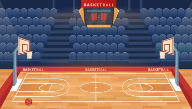 Çizgi film, basketbol oynamak için boş koridor sahası, toplar için çember, hayran sektörü seyircileri için koltuk, kapalı alanda skorbord sporu için oyun alanı. Basketbol sahası arena vektör illüstrasyonu.