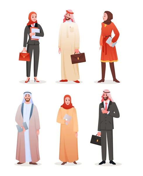 Ouvriers de bureau gens d'affaires arabes, dessin animé homme femme saudi personnages ensemble isolé — Image vectorielle