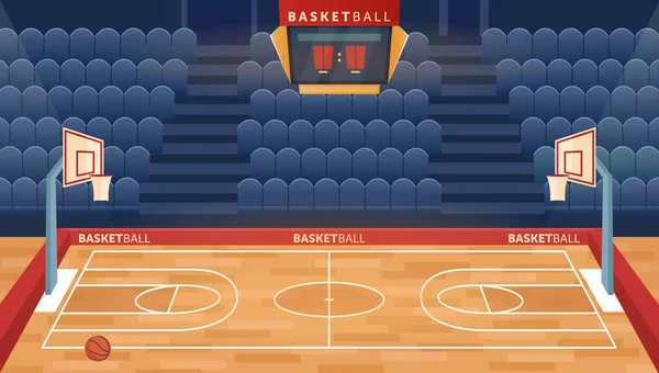 Cartone animato campo sala vuota per giocare a basket gioco della squadra, cerchio per le palle e posti per gli spettatori del settore fan, timer tabellone segnapunti indoor sport playground. Pallacanestro campo arena stadio vettore illustrazione. — Vettoriale Stock