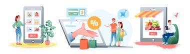 Çevrimiçi alışveriş seti, mutlu müşteriler insanlar online alışveriş uygulaması sipariş edip satın alıyorlar.