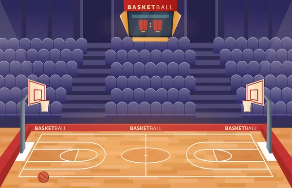 Estádio de arena de quadra de basquete, campo de salão vazio de desenhos animados para jogar basquete jogo de equipe — Vetor de Stock