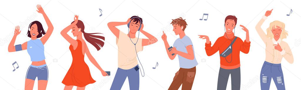 Dancing people vector illustration set. Cartoon young happy man and woman group of dancer characters listen to music with headphones and dance, crowd of friends on dance party isolated on white.