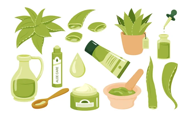 Aloe vera cosmetica bellezza cura della pelle, succo pianta succulenta, gel biologico crema olio set — Vettoriale Stock