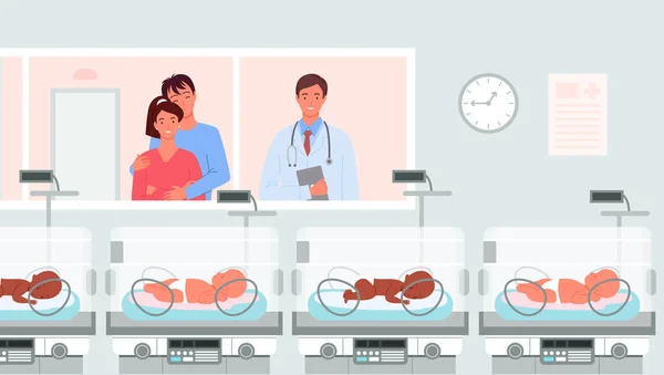 Incubadoras de bebés prematuros, neonatólogos y padres felices de pie en la sala de hospital — Vector de stock