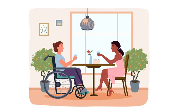 Niepełnosprawna dziewczyna spotkanie z przyjacielem w kawiarni, rozmowa, przyjaźń handicap styl życia — Wektor stockowy