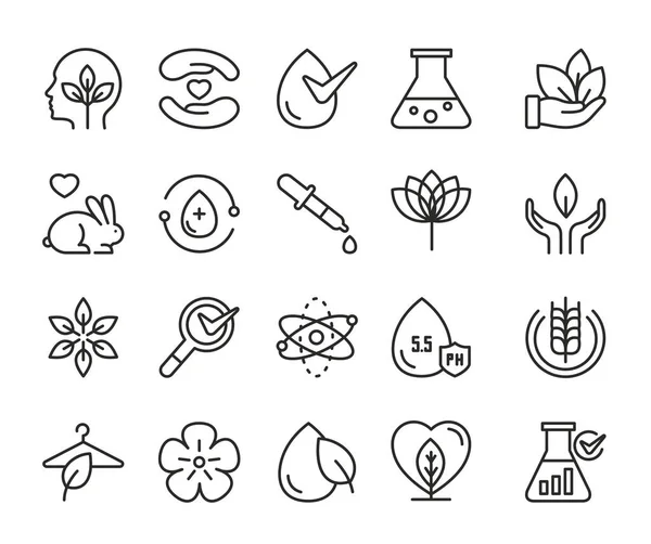 Eco καλλυντικά λεπτή μαύρη σειρά icon set, σύμβολα για την κοσμετολογία για τα προϊόντα vegan — Διανυσματικό Αρχείο