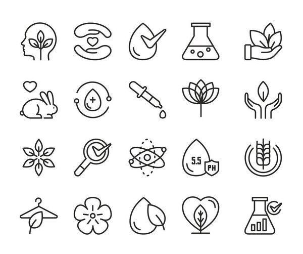 Eco cosmetics thin black line icon set, symbols for cosmetology about vegan products