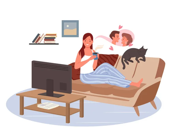 Chica viendo la televisión en casa sala de estar, mujer joven acostada en el sofá para ver películas de amor — Vector de stock