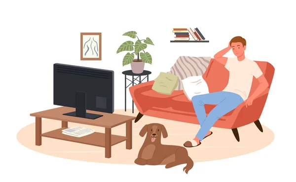 Hombre joven viendo noticias de televisión, película de cine en casa sofá sofá del interior de la sala de estar — Archivo Imágenes Vectoriales