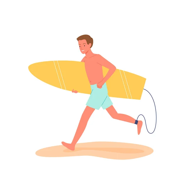 Feliz surfista corre con tabla de surf en la playa tropical, verano playa viaje vacaciones escena — Archivo Imágenes Vectoriales