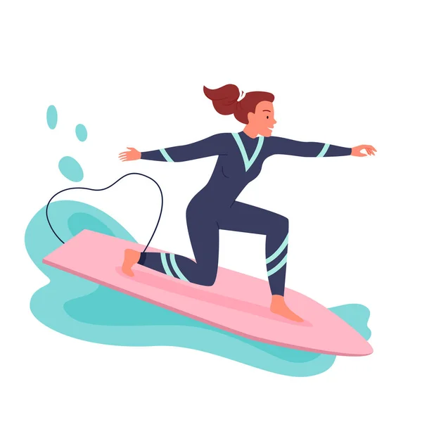 Mujer joven surfeando en tabla de surf, surfista en traje de neopreno surfeando entre olas y salpicaduras de mar — Vector de stock