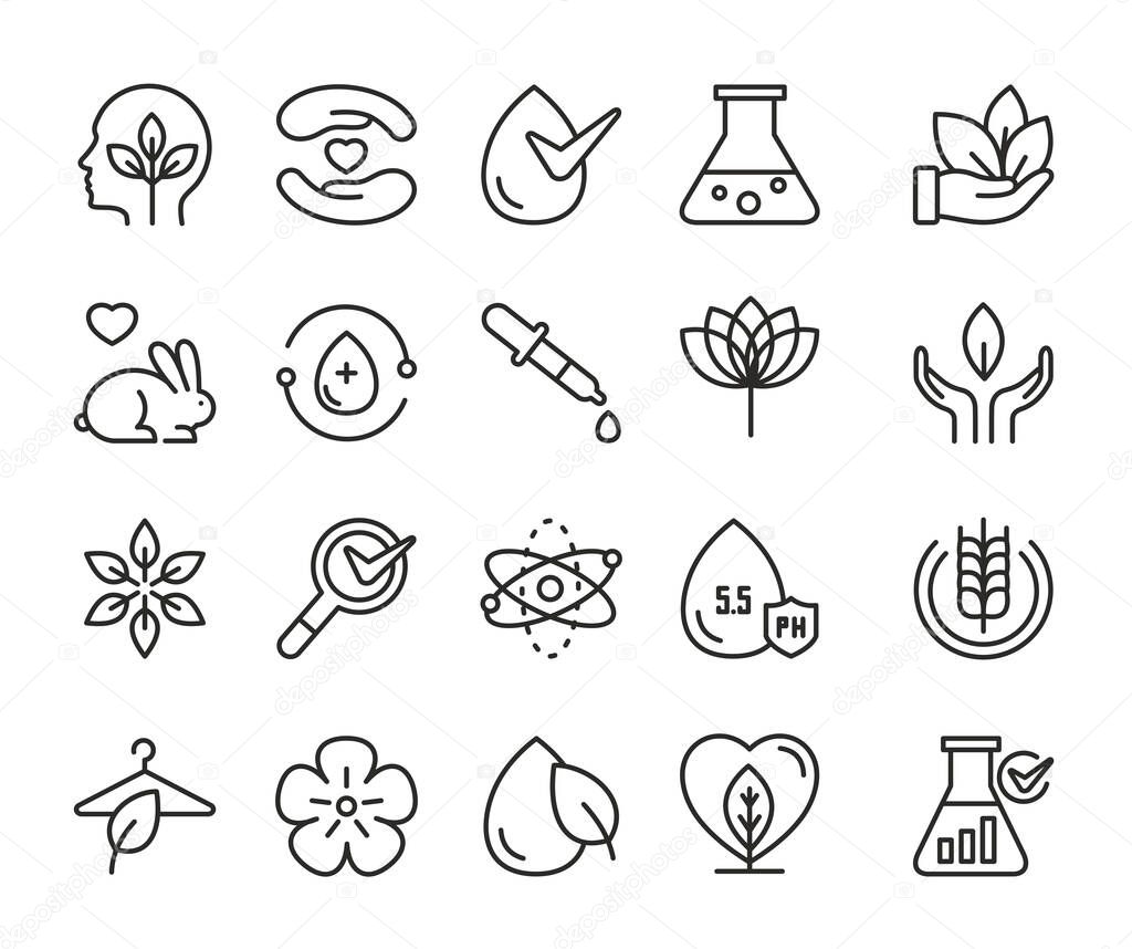 Eco cosmetics thin black line icon vector illustration set. Linear symbols for cosmetology about toxic free vegan green products, without cruelty to animals editable stroke logo outline collection