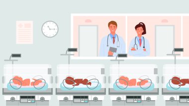 Çizgi film doktoru neonatolojist, mutlu ebeveyn karakterleri, yeni doğan bebek geçmişine aşkla bakan insanlar. Prematüre bebek kuvözlü hastane koğuşu, prematüre konsept vektör çizimi