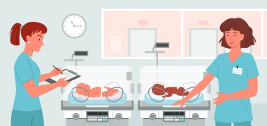 Yeni doğan bebek geçmişinde çizgi film doktoru neonatolojist. Prematüre bebek bakıcıları olan hastane koğuşu, prematüre konsept, tatlı bebeklerle ilgilenen hemşireler..