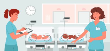 Cartoon doctor neonatologist at newborn baby background. Hospital ward with preterm baby incubators, prematurity concept, kinde nurses take care about cute babies. clipart