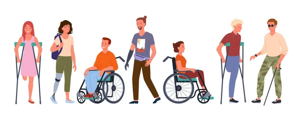 Niepełnosprawnych osób niepełnosprawnych wektor zestaw ilustracji. Kreskówka uśmiechnięty mężczyzna i kobieta pacjenta niepełnosprawne postacie stojące w rzędzie, siedzi na wózku inwalidzkim, trzymając kule. Niepełnosprawność odizolowana na białym. — Wektor stockowy