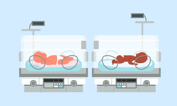 Incubadora de bebés prematuros con bebés, terapia intensiva neonatal, equipo neonatólogo — Vector de stock