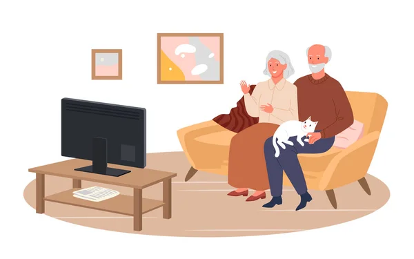 上了年纪的夫妇一起坐在沙发上，在家里客厅里看电视新闻 — 图库矢量图片