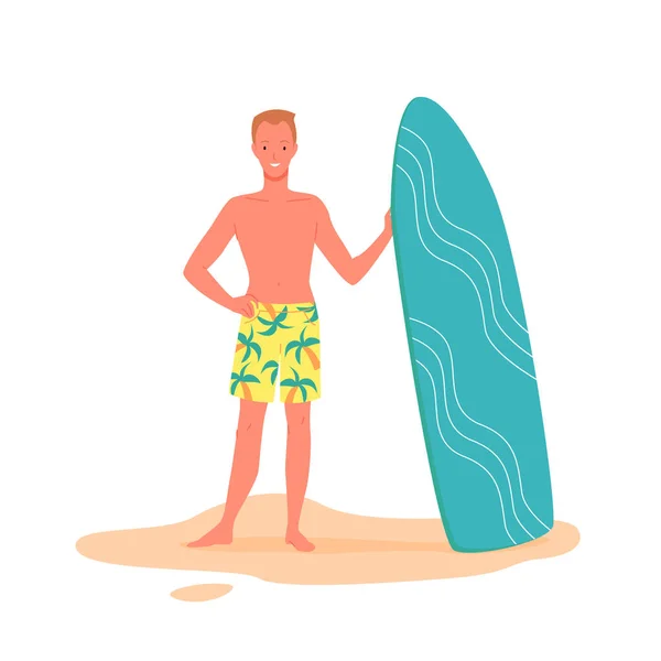 Surfista feliz com prancha de surf na praia, jovem em roupa de banho segurando prancha de surf — Vetor de Stock