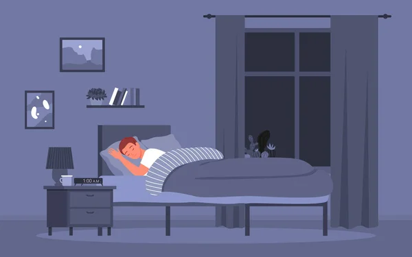 Jeune homme dormant tard dans la nuit, endormi couché dans un lit confortable — Image vectorielle