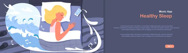 Joyeux sommeil sain fille, musique calme au téléphone, jeune femme couchée dans le lit dans la chambre — Image vectorielle