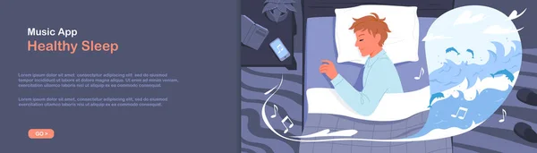 Sonno sano di notte, giovane uomo che ascolta musica calma nel telefono, sdraiato sul cuscino del letto — Vettoriale Stock