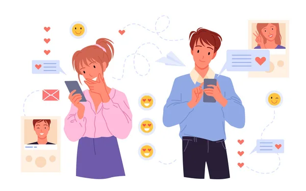 Casal pessoas namoro on-line, conversando no messenger usando emoticons coração, segurando telefones — Vetor de Stock