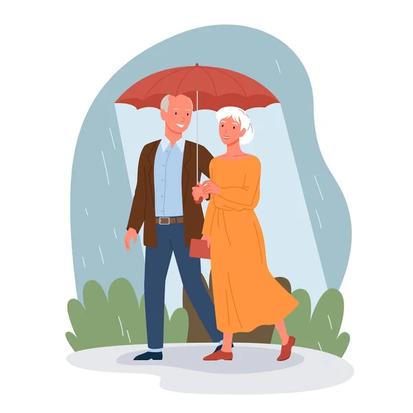 Seniorzy na randce, szczęśliwy starzec kobieta z parasolem spacer w deszczu razem — Wektor stockowy