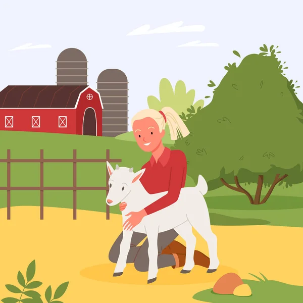 子供と農場の動物、村の田舎での夏休み、かわいい赤ちゃんヤギを抱きしめる女の子 — ストックベクタ