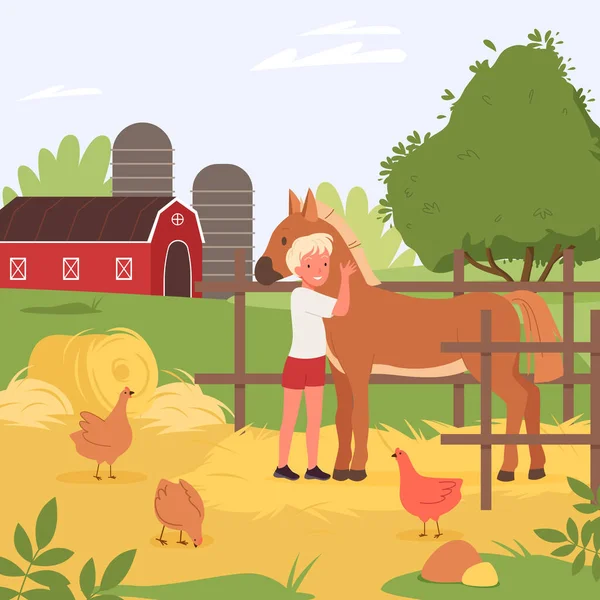 Счастливый ребенок проводить время с домашними животными, фермер мальчик обнимает симпатичную лошадь — стоковый вектор