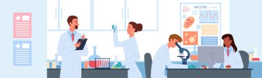 İnsanlar aşı geliştirme laboratuvarında çalışıyorlar, laboratuvar analizlerini test tüplerinde tutuyorlar.