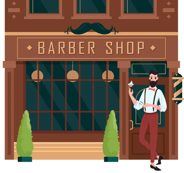 Barbeiro aberto, rua construindo fachada marrom da barbearia retro com barbeiro homem — Vetor de Stock