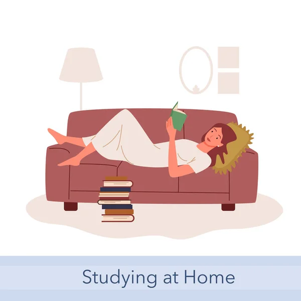 ソファに横になって読書や勉強、教育や趣味、若い女性学生、読書 — ストックベクタ