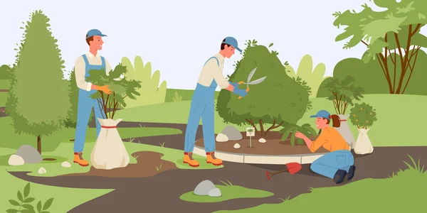 人々は夏の森や公園で働き、植物を育て、庭師を働かせ、園芸をする — ストックベクタ