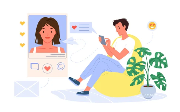 Conversation virtuelle, date en ligne des amoureux de couple personnes, jeune homme tenant téléphone — Image vectorielle