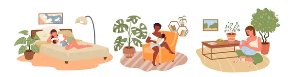 Personaje de mamá de dibujos animados con un niño recién nacido sentado juntos, mujer alimentando al bebé con leche materna, amamantando aislado en blanco. Lactancia materna saludable, feliz madre día vector ilustración conjunto. — Archivo Imágenes Vectoriales