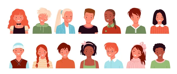 Dibujos animados diversos retratos de cara linda de niña, niños personajes de usuario aislados en blanco. Avatares de perfil para redes sociales o cuenta de blog, escolares sonrientes vector ilustración conjunto. — Vector de stock