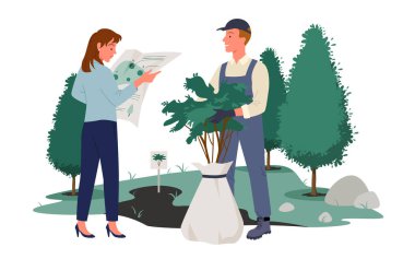 İnsanlar yaz ormanlarında ya da parklarda çalışır, bitki vektör çizimleri yetiştirirler. Karikatürist kadın bahçıvan karakterler bahçe aletleri, makas, ağaç fidanı..