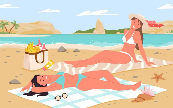 Meninas tomar banho de sol na paisagem da praia do mar tropical, turismo de férias de verão de mulheres jovens — Vetor de Stock