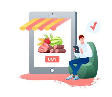 Çevrimiçi alışveriş marketi, mutlu alışveriş karakteri telefonla koltukta oturuyor.