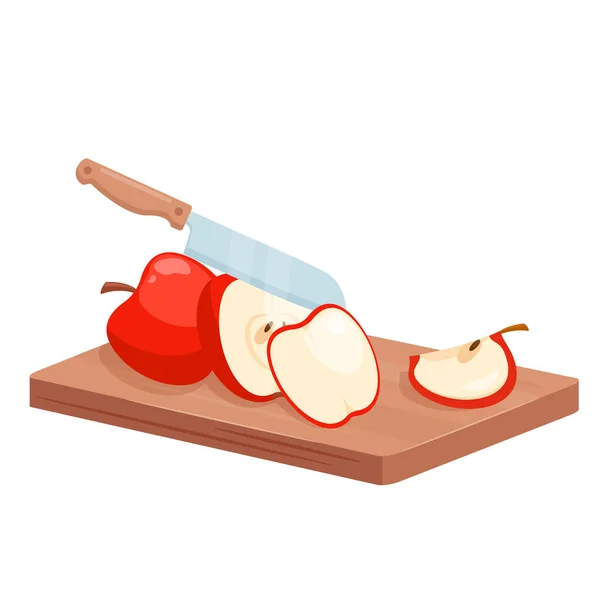 Jabłko pokrojone na kawałki, izometryczne cięcie drewnianej deski ze świeżymi plastrami jabłek w kuchni — Wektor stockowy