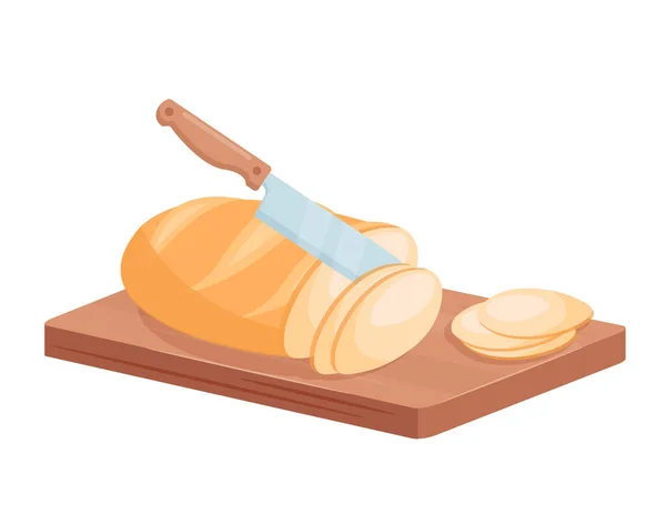 Κόψτε ψωμί σιταριού, ισομετρική μαχαιροπήρουνα κοπής σε ξύλινο ρολό πίνακα σεφ του ψωμιού — Διανυσματικό Αρχείο