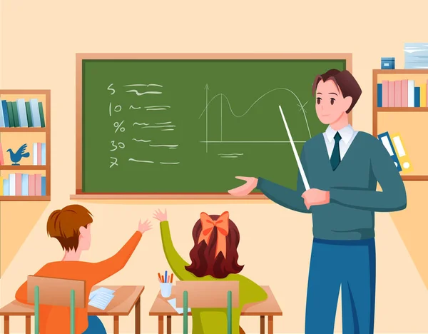 El maestro de escuela y los niños estudian en el aula, de pie en la pizarra de la clase, enseñando — Vector de stock