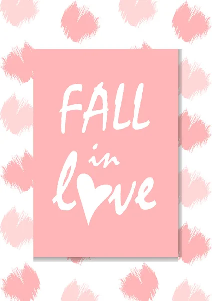 Fall in love lettering, pink valentines day concept for lovers with heart, brush strokes — Stock Vector