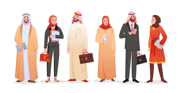 Arabes hommes d'affaires isolés ensemble, dessin animé saudi homme d'affaires et collection femme d'affaires — Image vectorielle