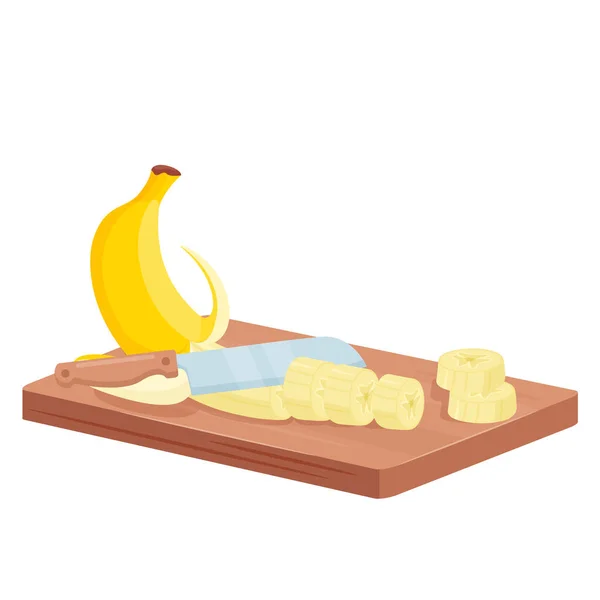 カットバナナ、木製ボード上のスライスに皮をむいたバナナを切断アイソメトリックシェフナイフ — ストックベクタ